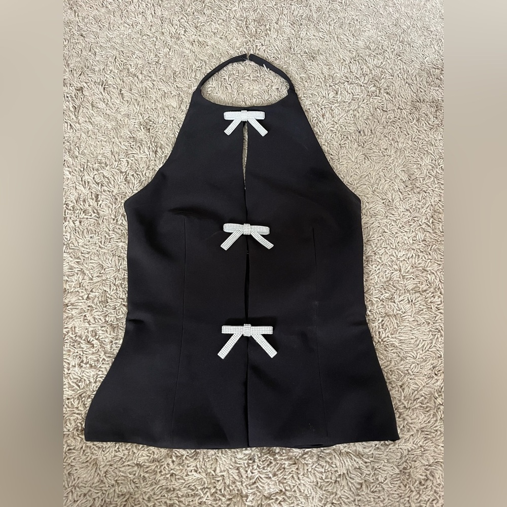 Zara Black Halter Tank Top with White Bows